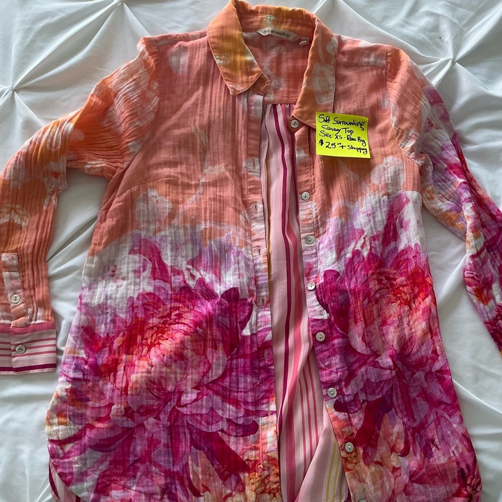 Soft Surroundings Vibrant Pink and Orange Button Down Shirt